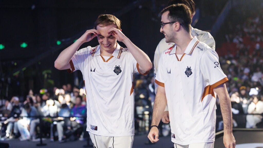 (L-R) Caps, SkewMond and Hans Sama G2 Esports after victory at League of Legends Worlds 2025 Swiss Stage on October 18, 2025 in Beijing, China.