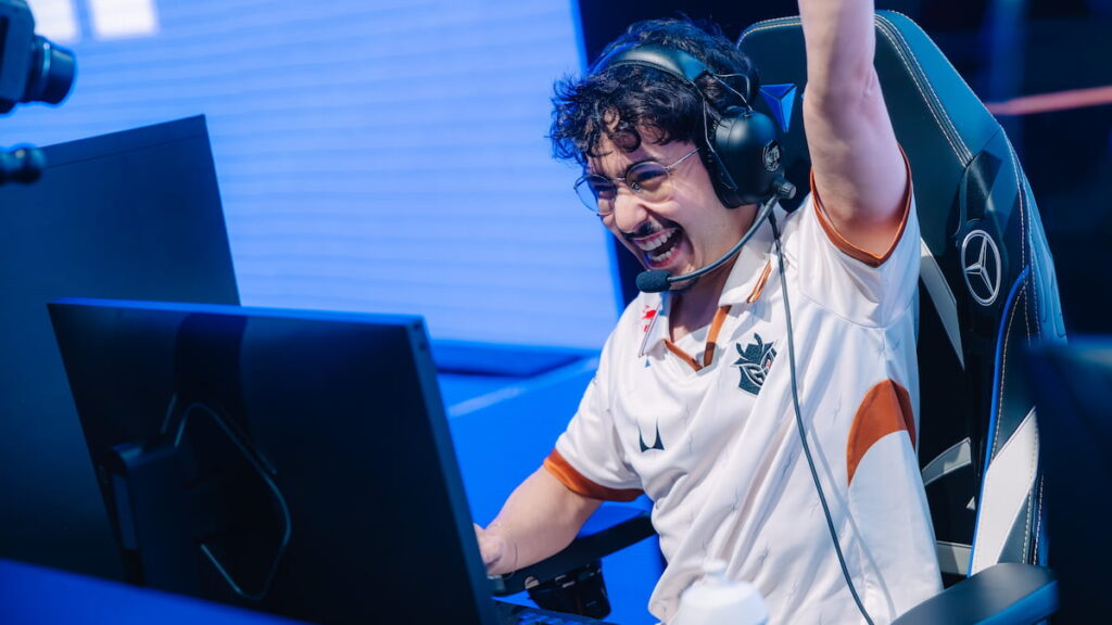 BrokenBlade of G2 Esports reacts onstage at League of Legends Worlds 2025 Swiss Stage on October 22, 2025 in Beijing, China.