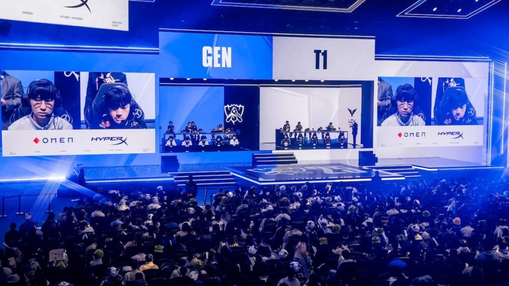Gen.G Esports (L) and T1 compete at League of Legends Worlds 2025 Swiss Stage on October 18, 2025 in Beijing, China.