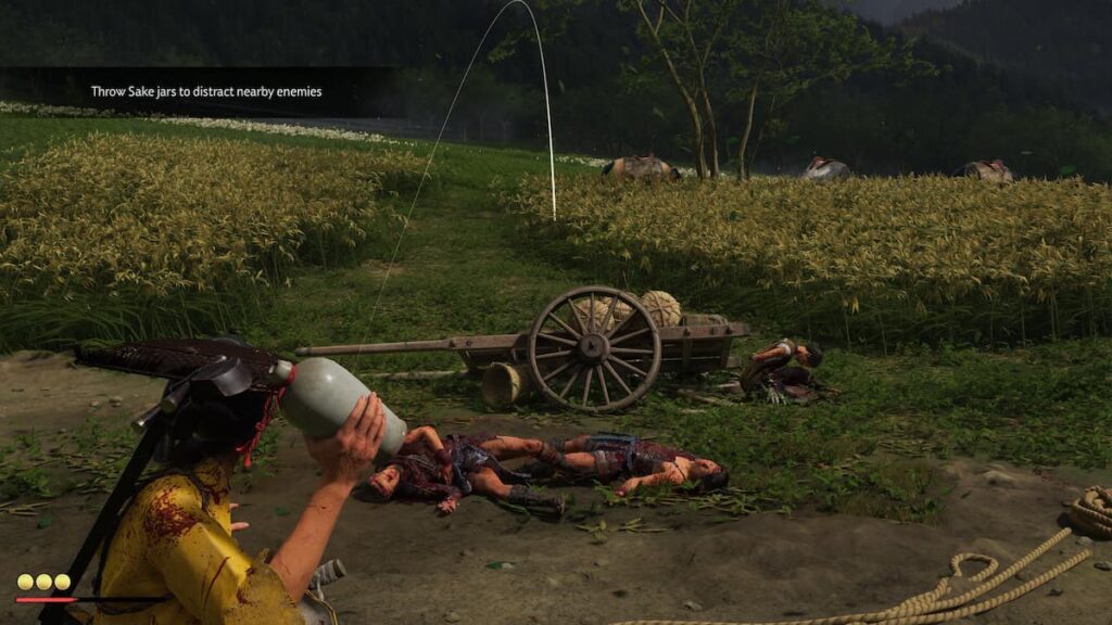 Picture showing player throwing empty sake jar in Ghost of Yotei.