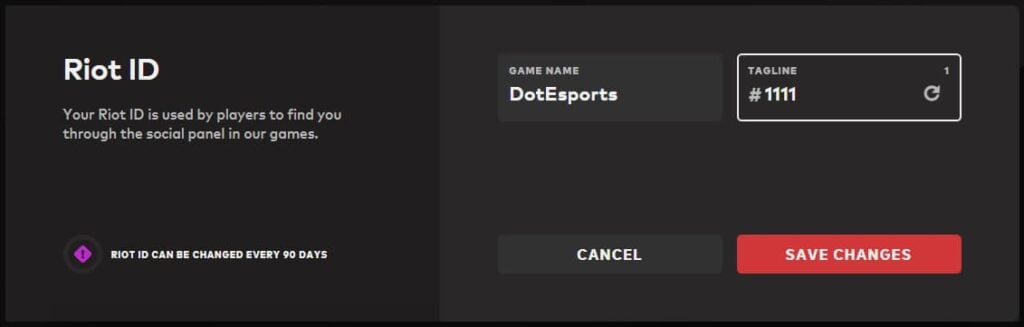 Riot ID change page for VALORANT and other games