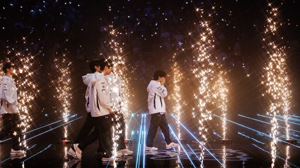 T1 are seen onstage at the League of Legends World Championship 2024 Finals on Novemeber 02, 2024 in London.