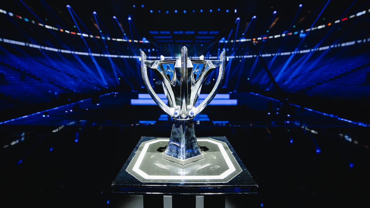 The trophy on display at the League of Legends World Championship 2024 Finals on Novemeber 02, 2024 in London.
