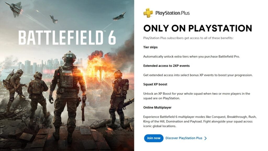 Screenshot featuring all the PS Plus benefits in Battlefield 6.