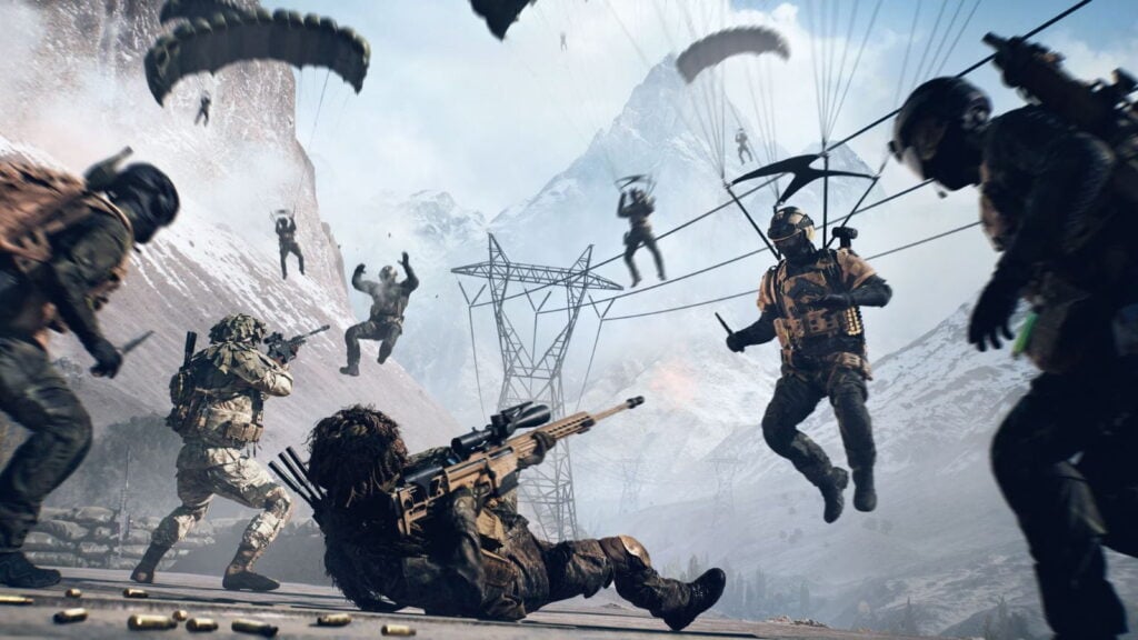 Soldiers shooting at enemies deploying with parachutes in Battlefield 6
