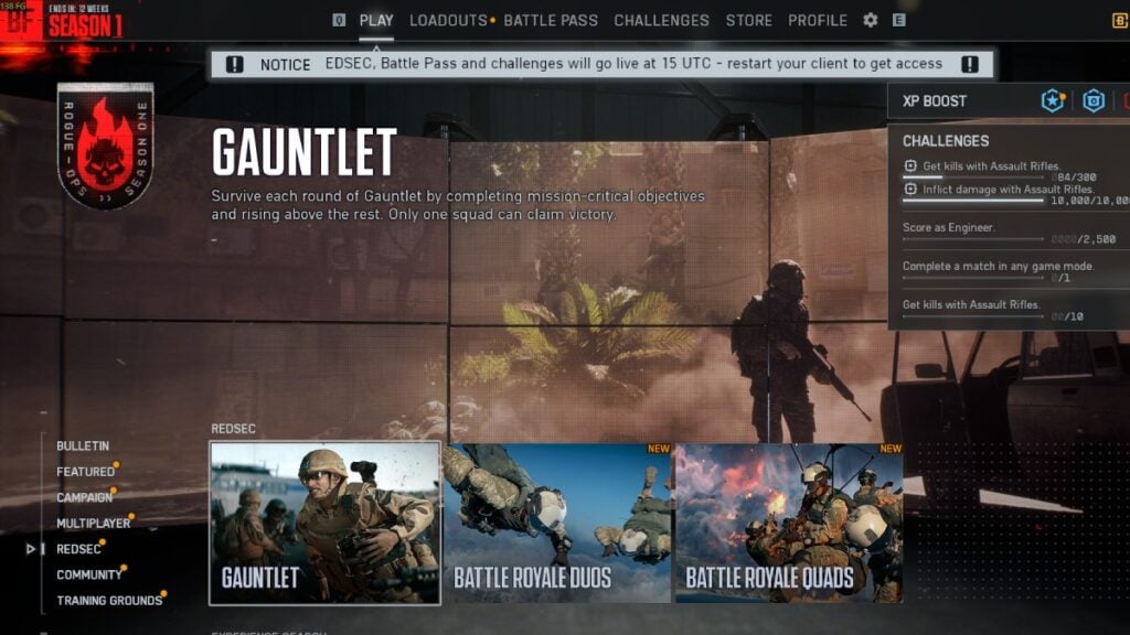 Battlefield REDSEC option on main menu