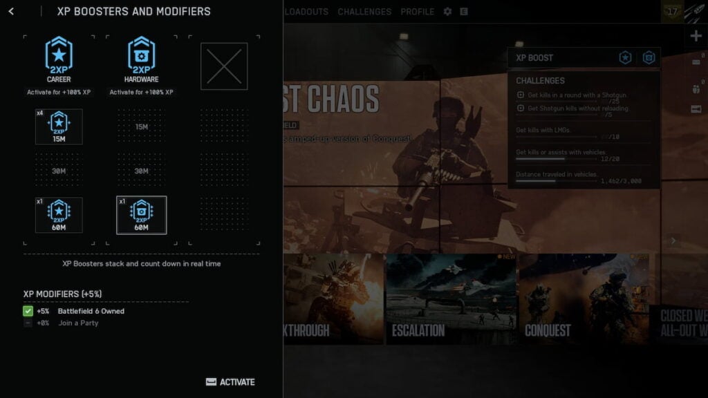 Menú de mejora de XP en Battlefield 6