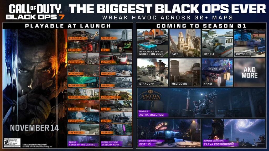 Black Ops 7 Season 1 roadmap showing Multiplayer and Zombies maps, including those at launch
