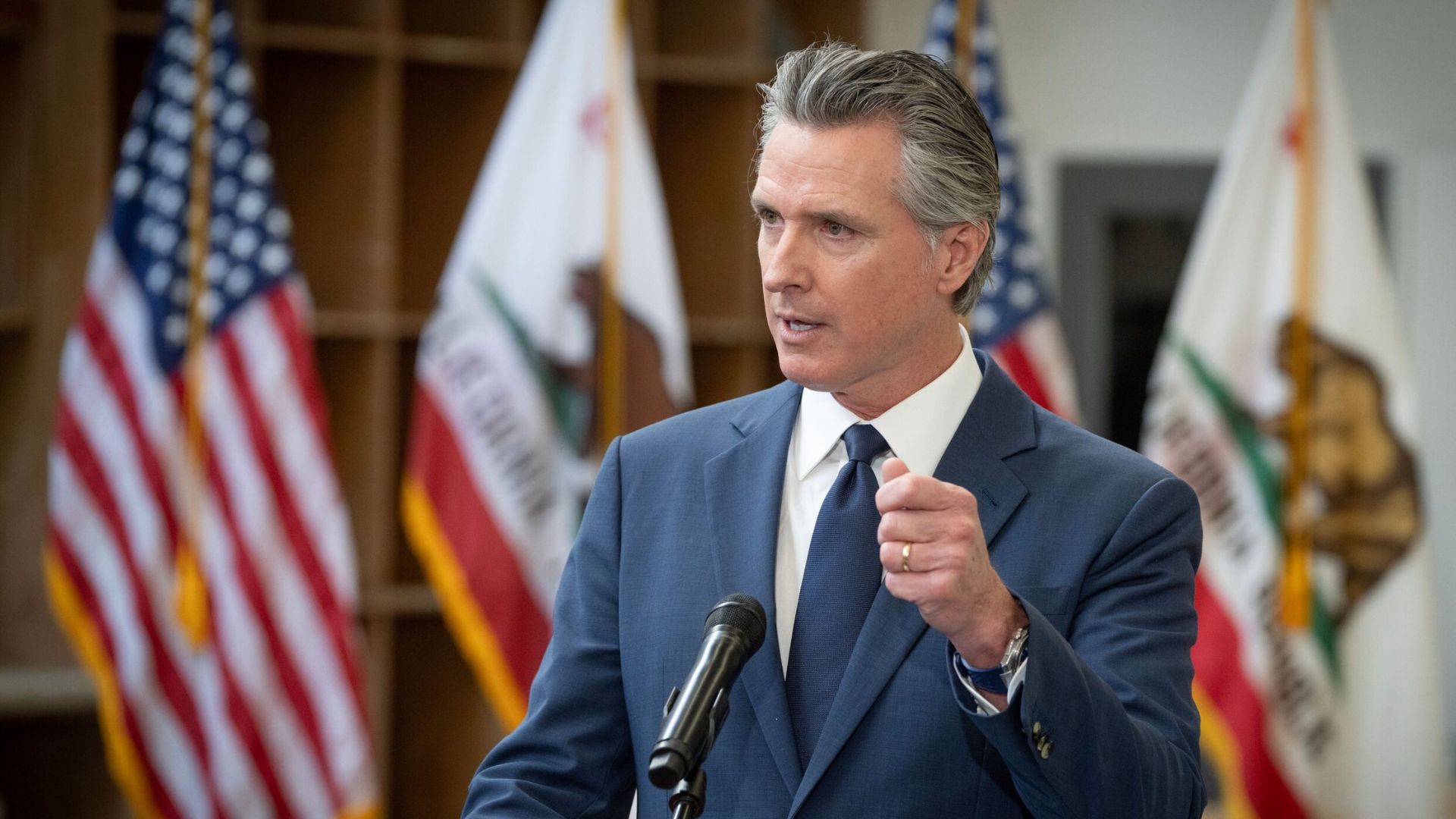 California Governor Gavin Newsom delivering a speech