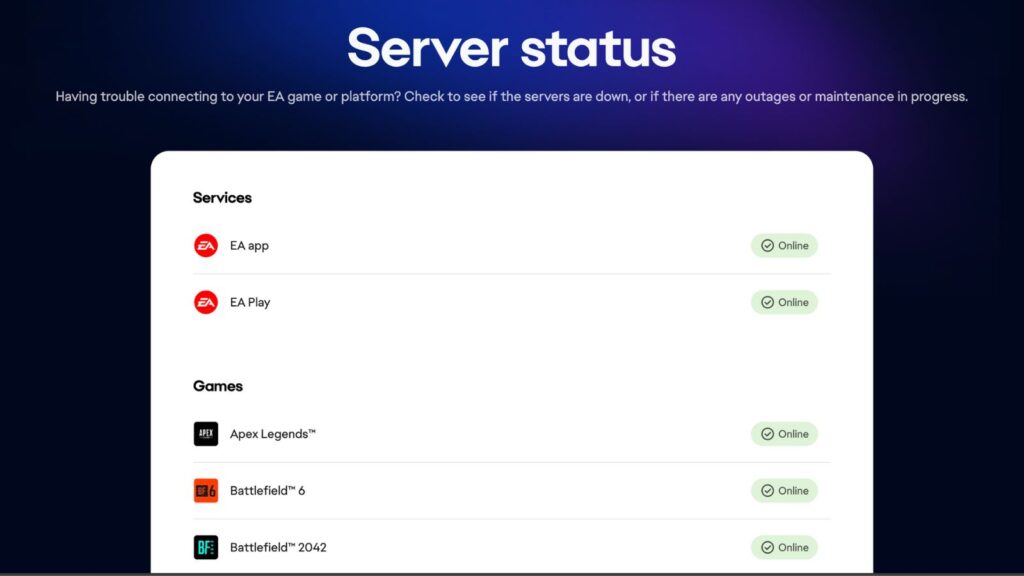 Screenshot of the EA server status page