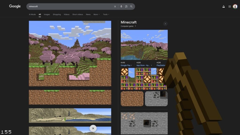 Screenshot of the Minecraft Easter egg on Google.