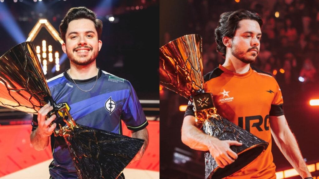 Ethan holds the VALORANT Champions trophy as a player for Evil Geniuses in 2023 and for NRG in 2025.