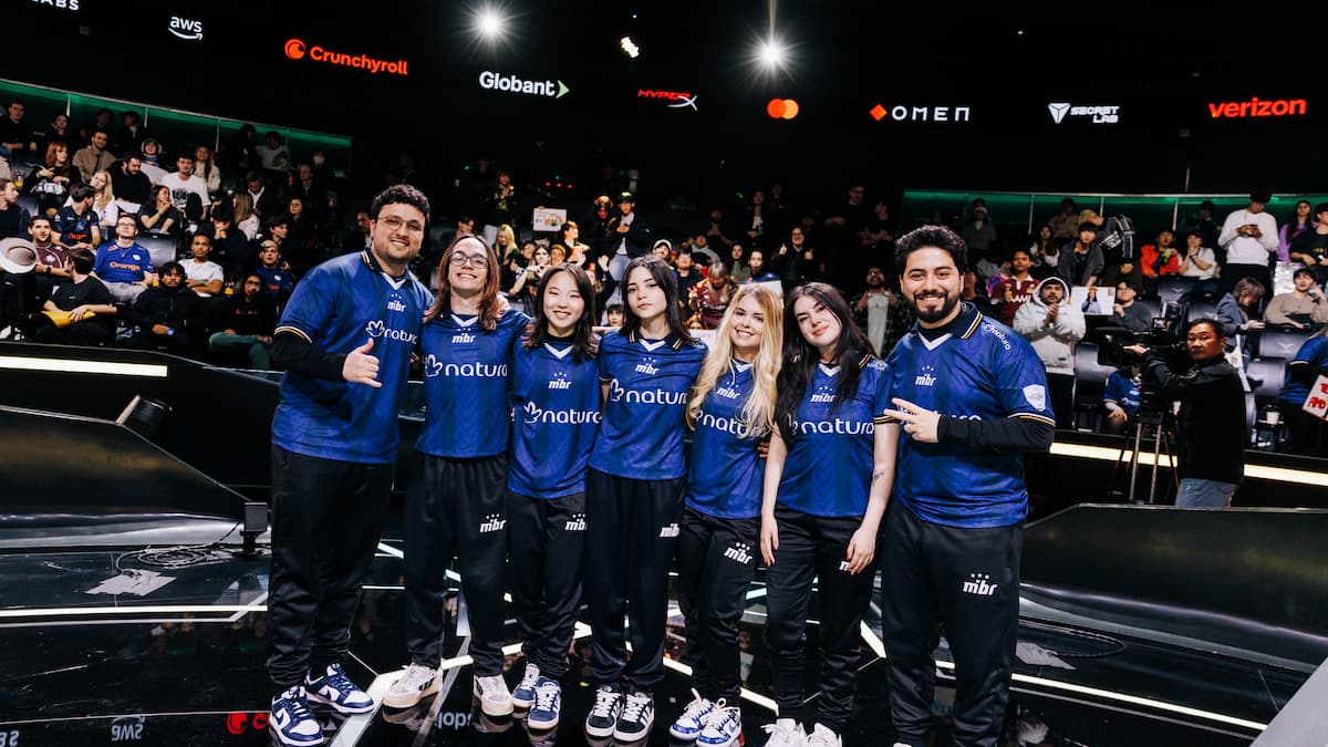 Coach pleets, srN, sayuri, lissA, melissa, bstrdd, and Coaching Staff of MIBR GC pose for a photo during the 2025 VALORANT Game Changers Championship, held at LoL Park Arena in Seoul, South Korea, on November 27, 2025.