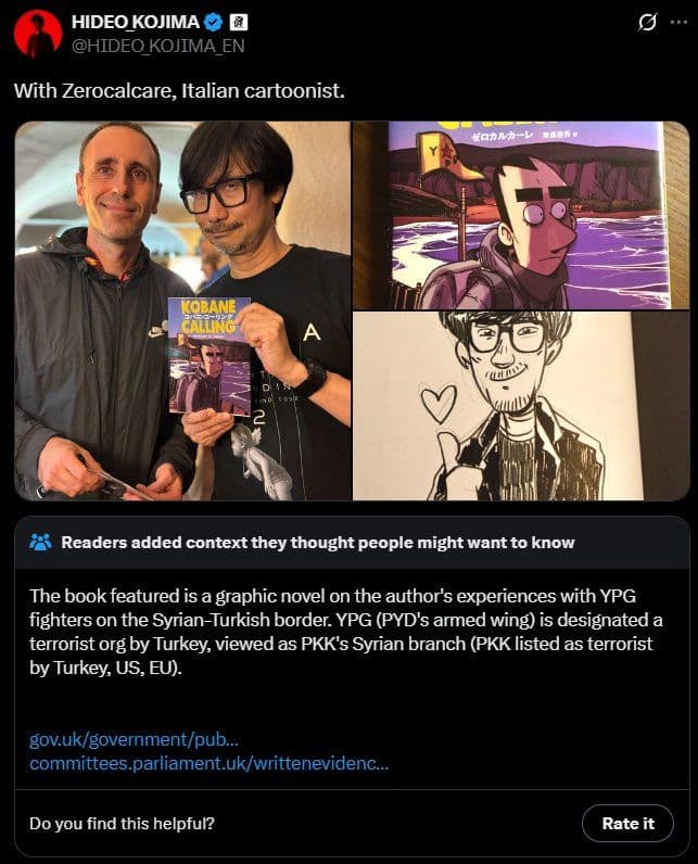 X post con la foto de Hideo Kojima y Zerocalcare que fue eliminada