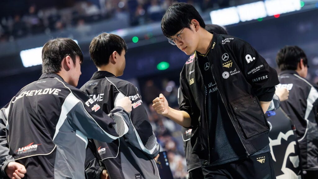 JackeyLove of Top Esports and Gumayusi of T1 react onstage at League of Legends Worlds 2025 Semifinal Stage on November 02, 2025 in Shanghai, China.