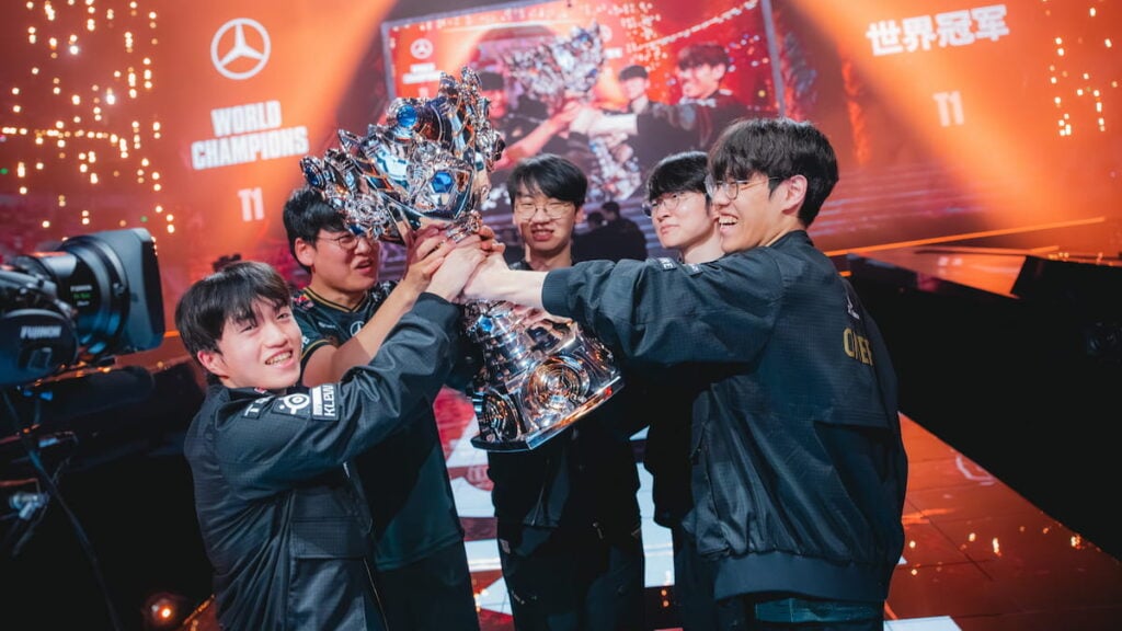 T1 lift the trophy onstage after being crowned champions at League of Legends Worlds 2025 Finals on November 08, 2025 in Chengdu, China.