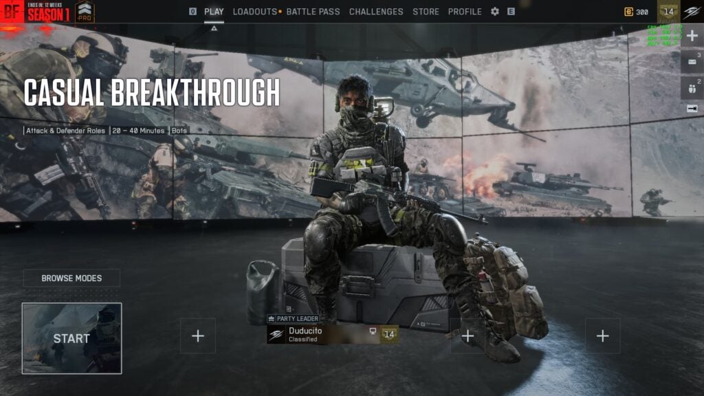 Battlefield 6 Casual Breakthrough mode lobby, showing Support character