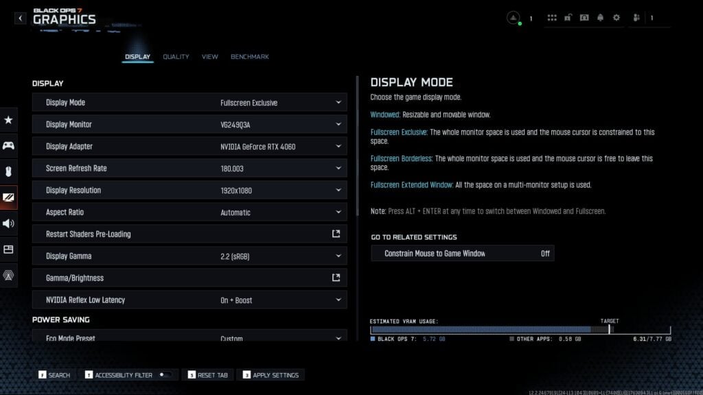 Las mejores configuraciones de gráficos para PC en Black Ops 7 muestran la pestaña Pantalla