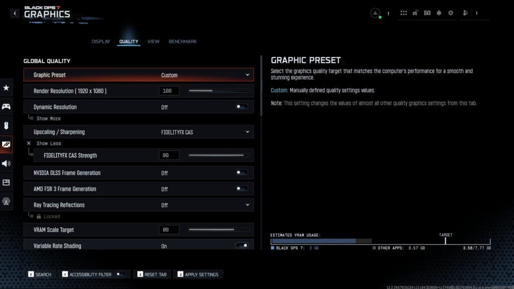 La mejor configuración de gráficos para PC en BO7 muestra la pestaña Calidad