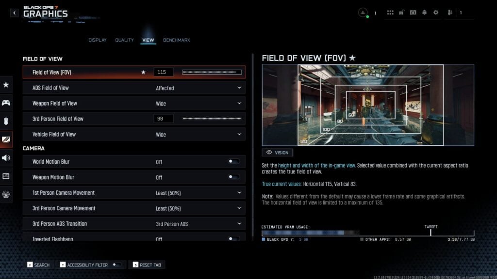 Las mejores configuraciones de gráficos para PC en Black Ops 7 muestran la pestaña Pantalla