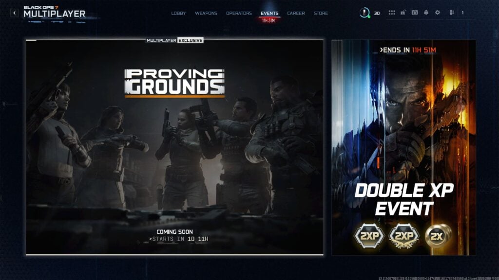 Black Ops 7 Proving Grounds event along with Double XP event shown in the Events tab of BO7