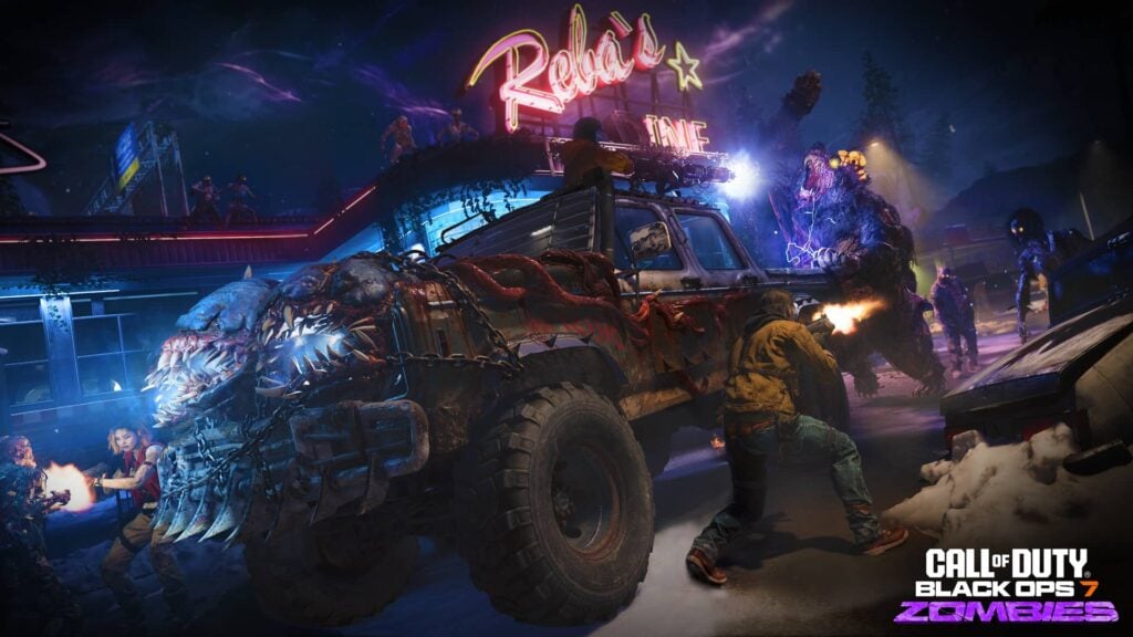 Operators fighting zombies using an armored truck in Black Ops 7 Zombies