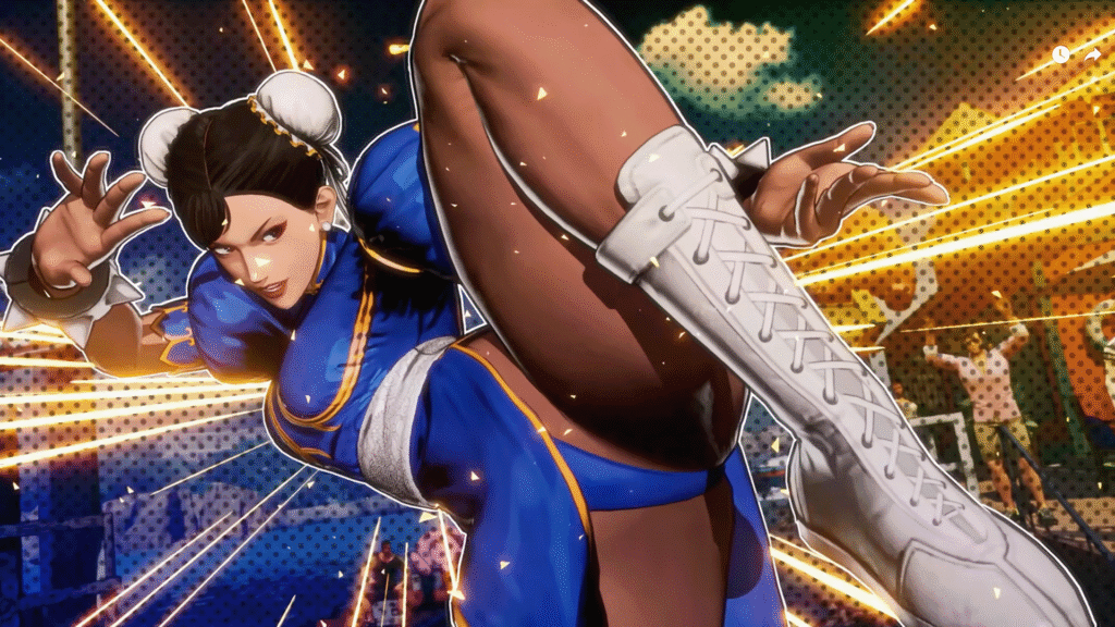 Chun-Li about to kick her opponent in Fatal Fury