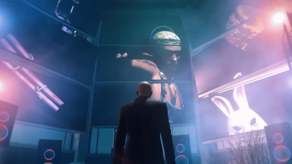 HITMAN Agent 47 stands in front of large display of Slim Shady