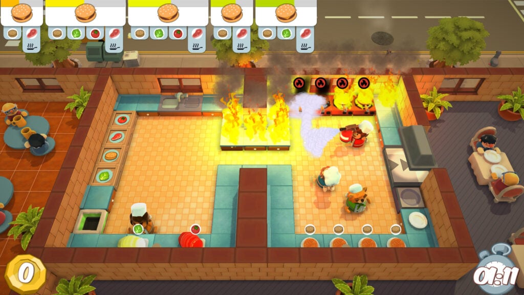 Kitchen in Overcooked on fire