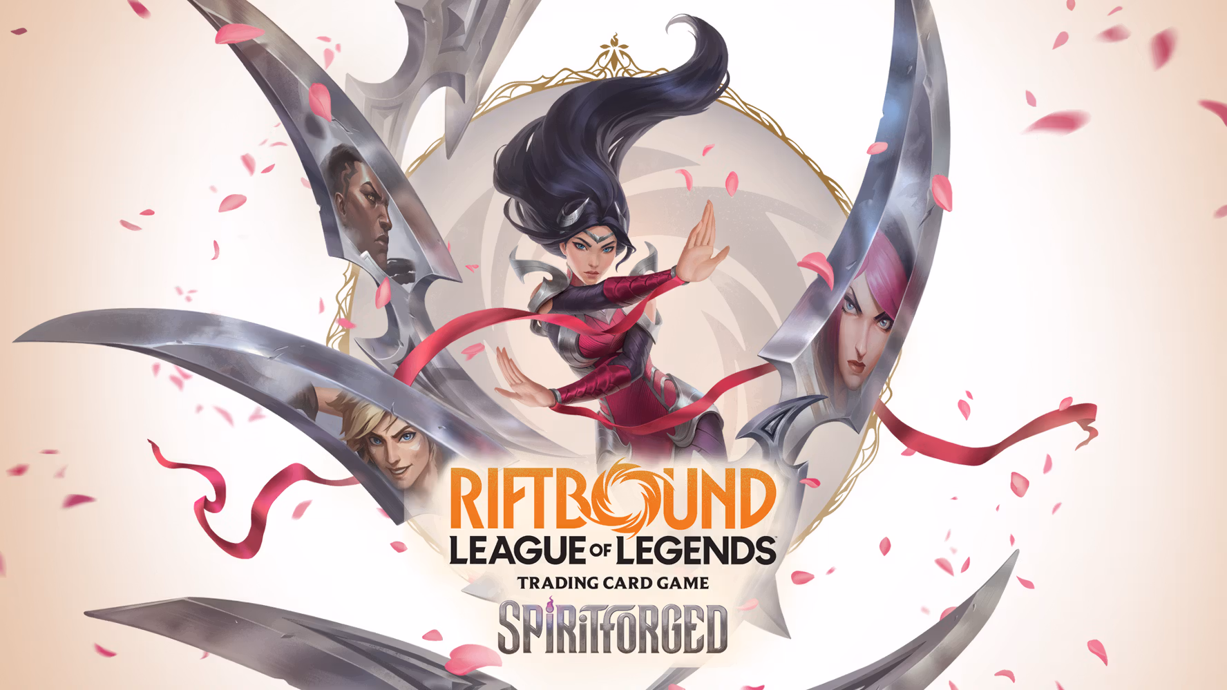 An image of Irelia in front of the logo for Riftbound league of legends