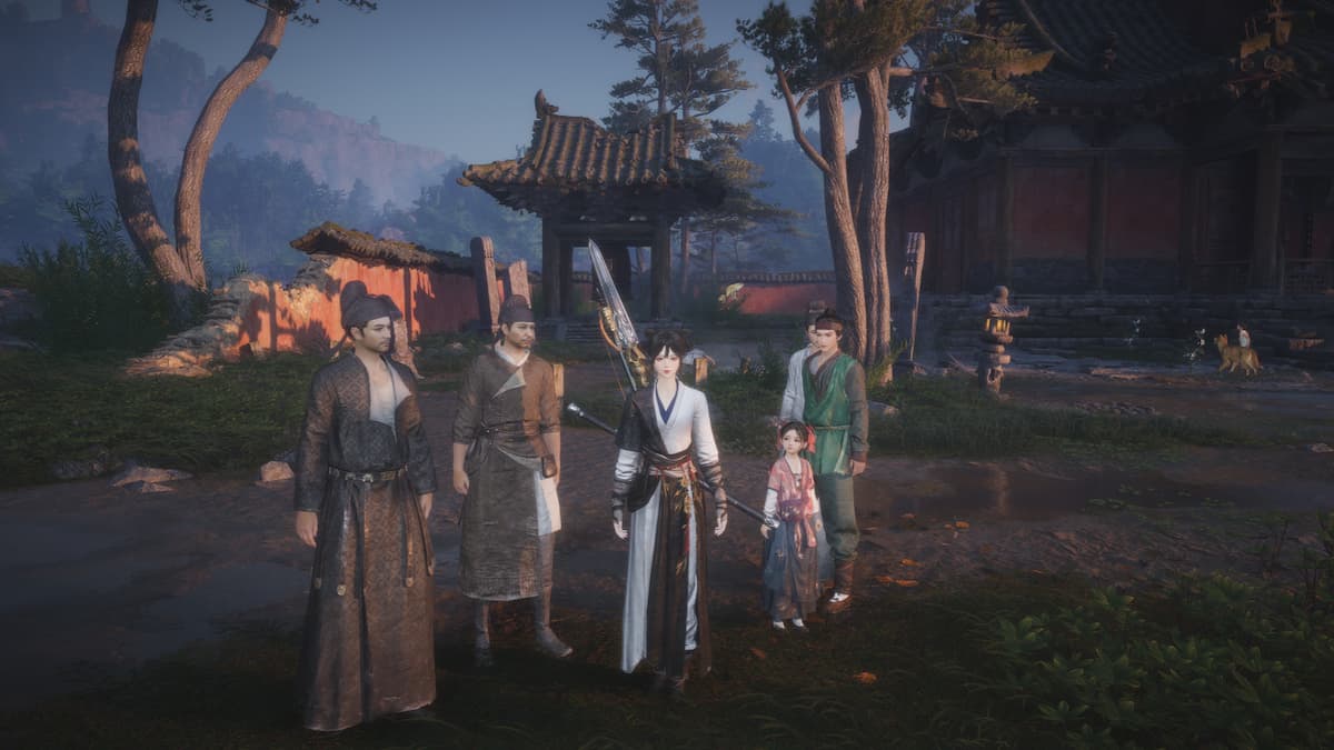 Player standing with characters in Where Winds Meet