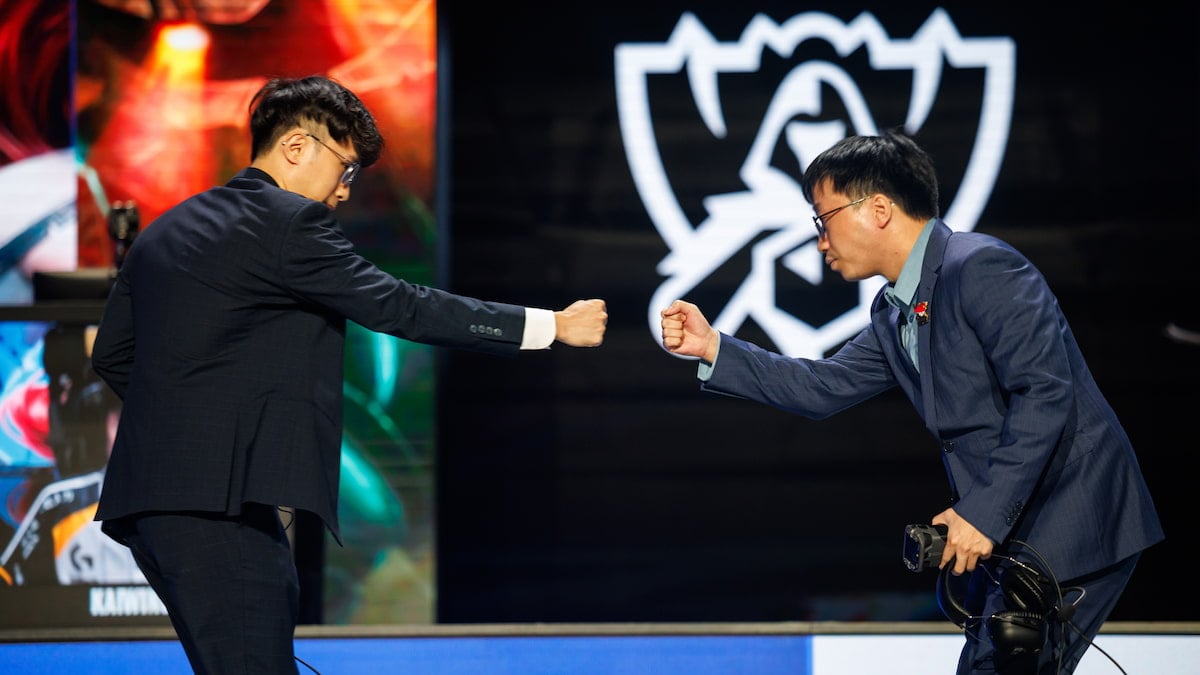 Coach Tabe of Anyone's Legend and Chawy of CTBC Flying Oyster are seen onstage at League of Legends Worlds 2025 Swiss Stage on October 17, 2025 in Beijing, China.