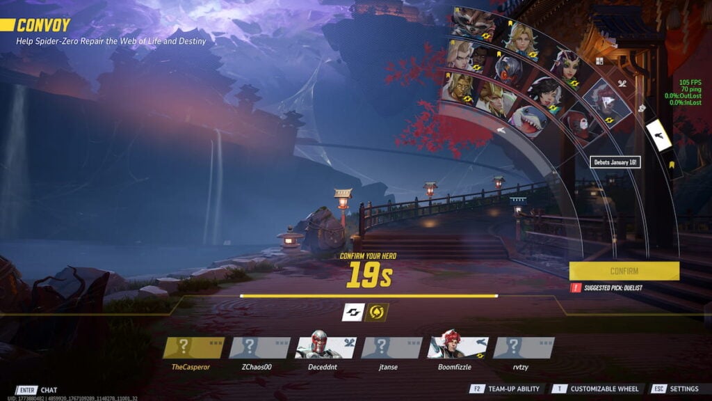 Picture showing Deadpool in hero select of Marvel Rivals.