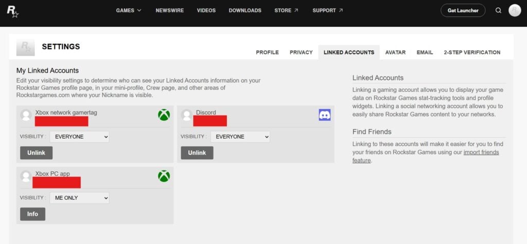 Rockstar Games linked accounts page settings