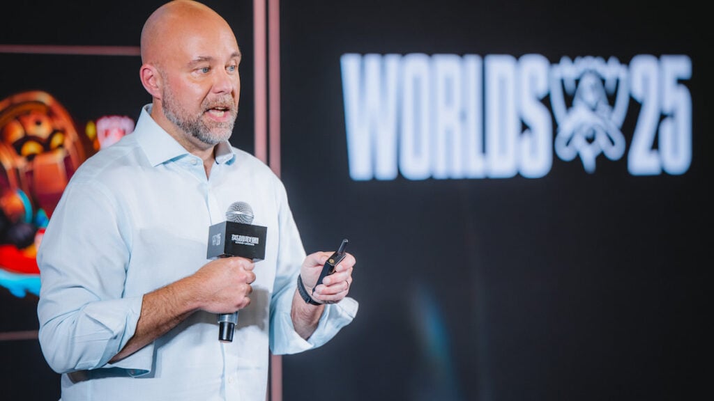Global Head of League of Legends Esports, Chris Greeley, speaks during press conference at League of Legends Worlds 2025 Media Day on November 07, 2025 in Chengdui, China.