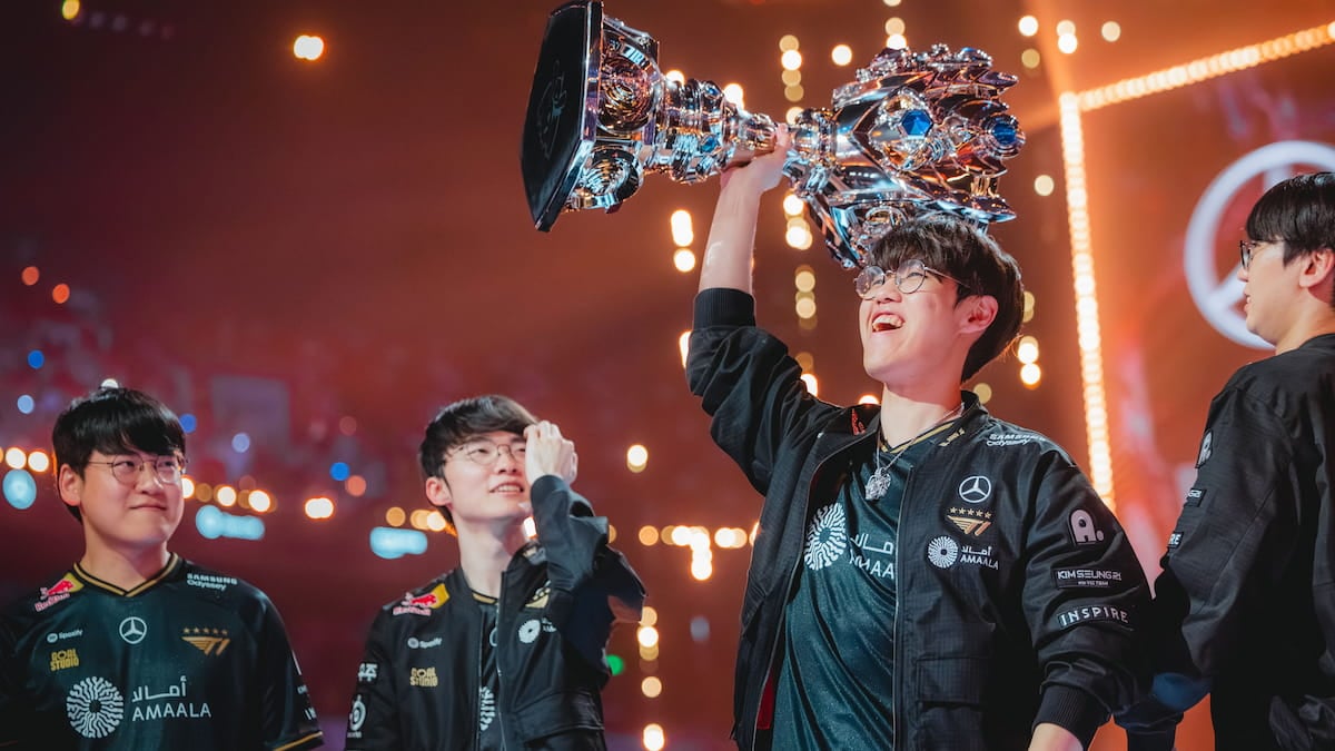 T1 lift the trophy onstage after being crowned champions at League of Legends Worlds 2025 Finals on November 08, 2025 in Chengdu, China.