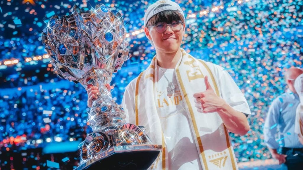 Oner of T1 celebrates onstage after being crowned champions at League of Legends Worlds 2025 Finals on November 08, 2025 in Chengdu, China.