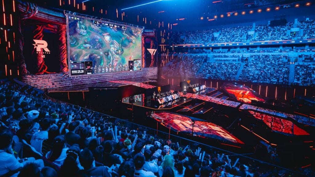 A view of the stage at League of Legends Worlds 2025 Finals on November 08, 2025 in Chengdu, China.