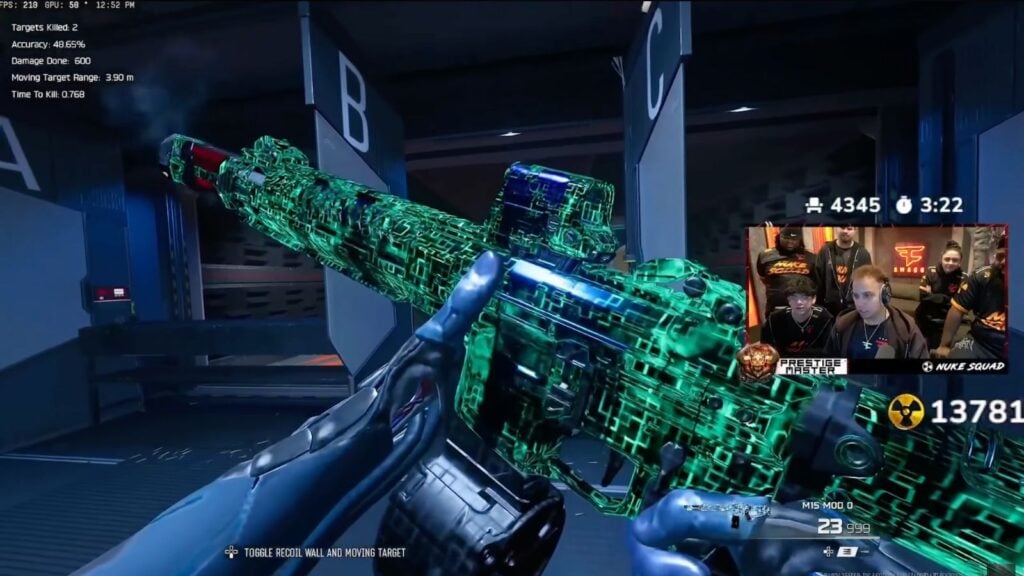 Swagg inspecting a weapon with Codeframe universal camo on Firing Range in Black Ops 7