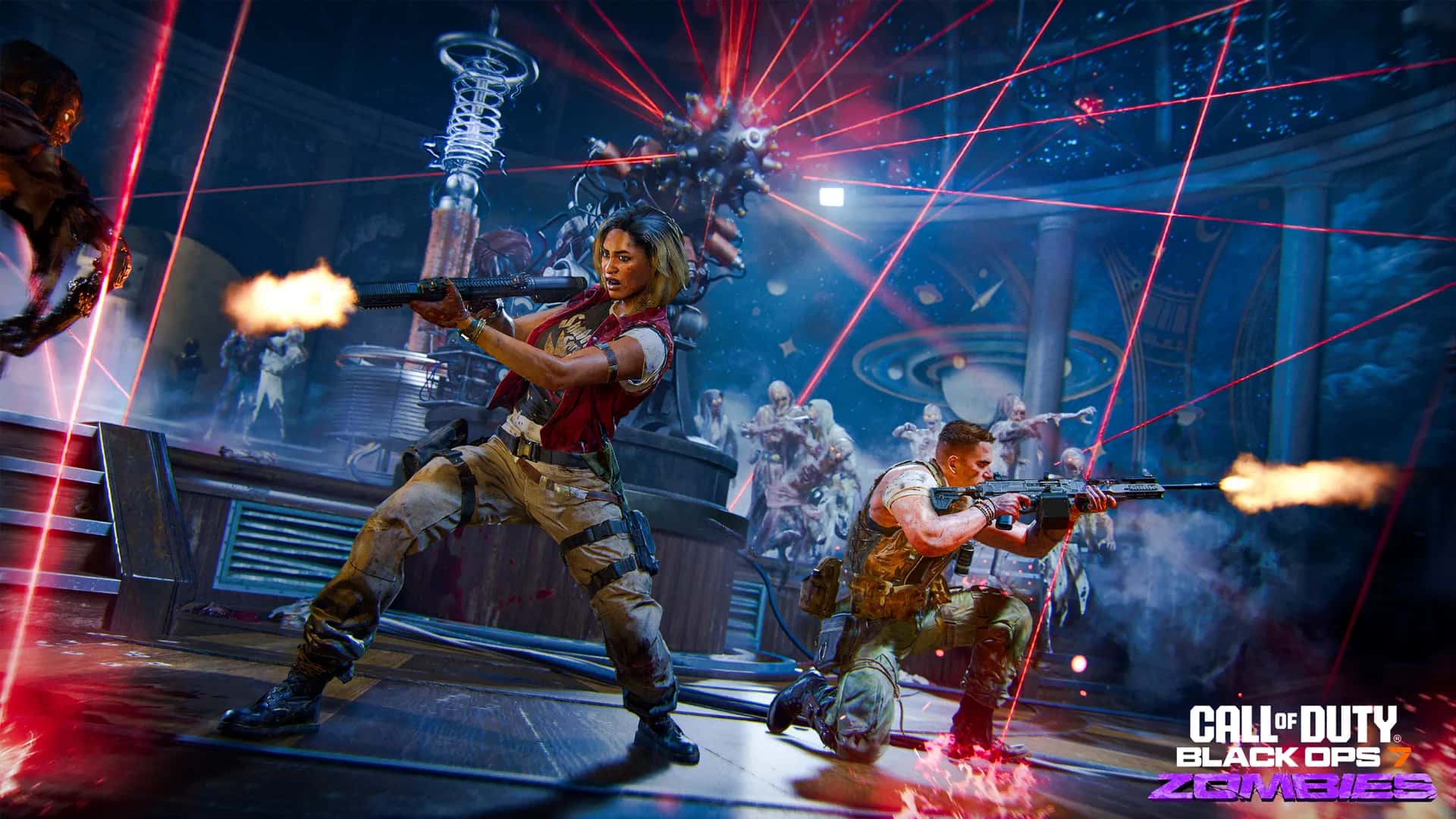 Two operators fighting enemies on Astra Malorum map in Black Ops 7 Zombies