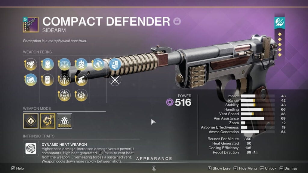 Compact Defender sidearm roll in Destiny 2