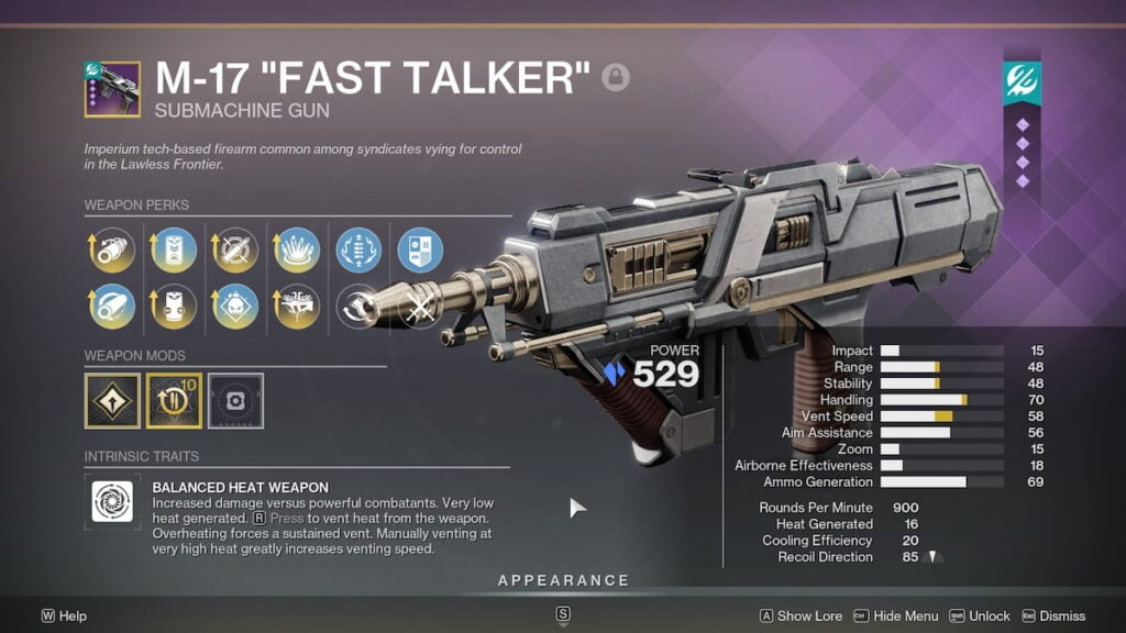 M-17 Fast Talker inspect screen in Destiny 2