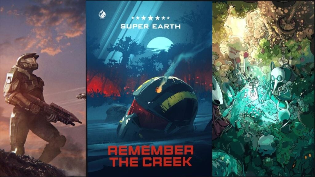 Halo, Helldivers, and Hollow Knight posters from Displate