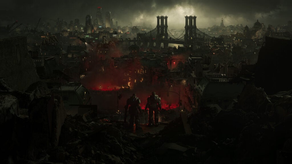 Marcus and Dom from Gears of War: E-Day looking over a city landscape as Locust emerge