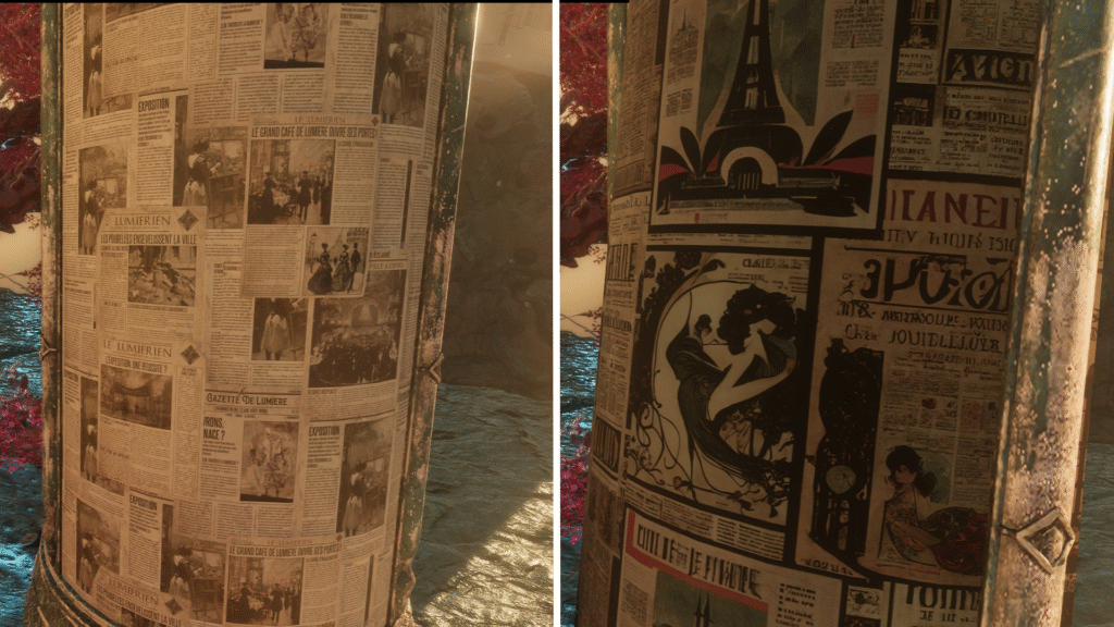 Two images of a postered pillar in the game