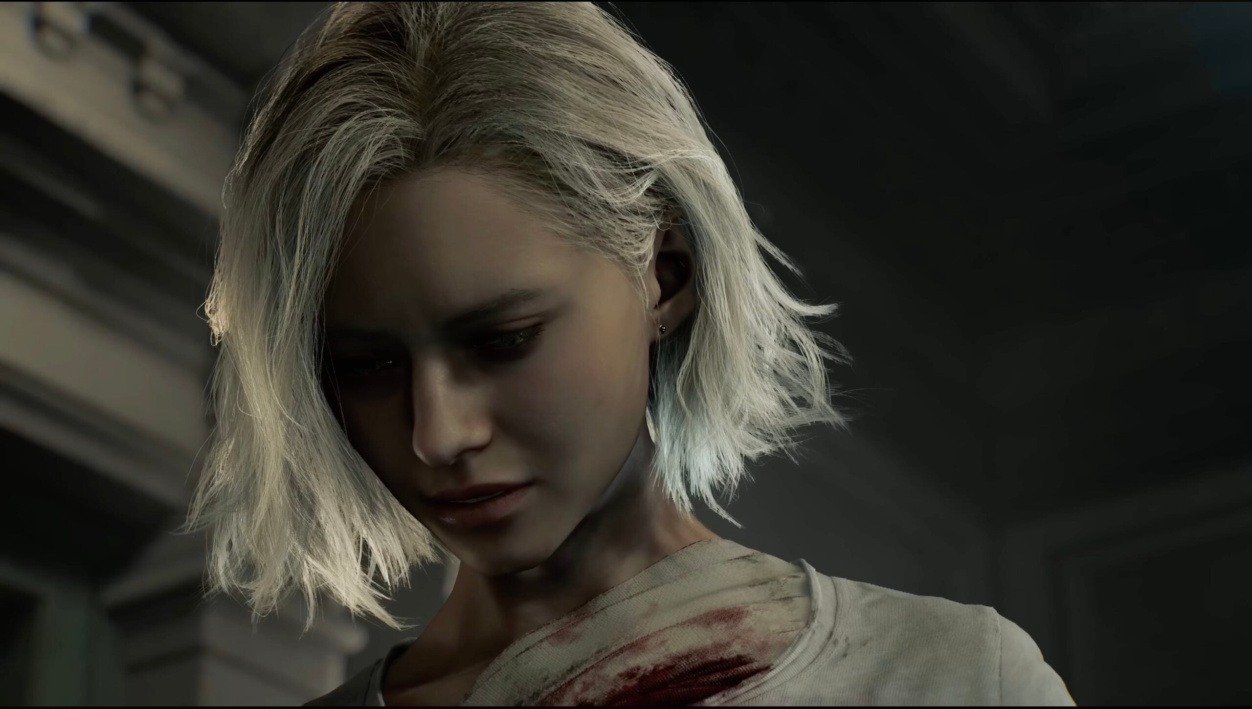 Grace Ashcroft from Resident Evil 9 looking down with a bandaged shoulder