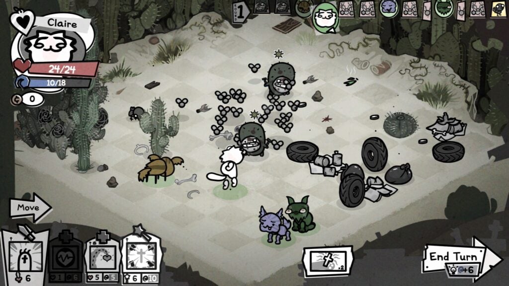 Cats in Mewgenics fighting cactus monsters on a run