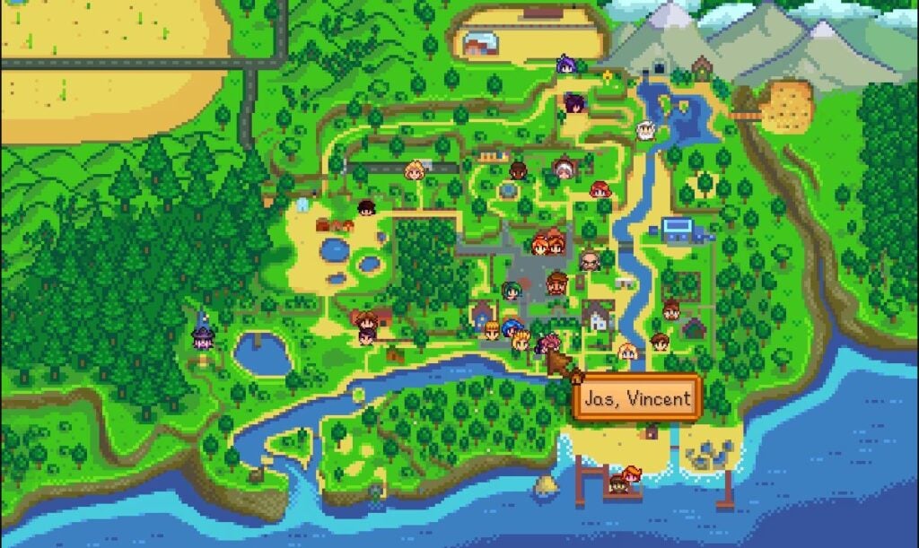 The Stardew Valley map with all NPCs marked on it from the NPC Map location mod