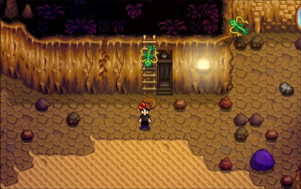 A Stardew Valley player in the Skull Cavern with an elevator and a dragon about to attack