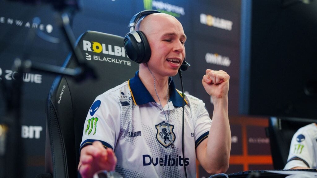 Team Liquid CS2 player Jonathan "EliGE" Jablonowski clenches his fist at the Starladder Budapest Major 2025